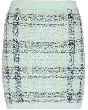 Balmain Tweed Embellished Plaid Mini Skirt - Blue