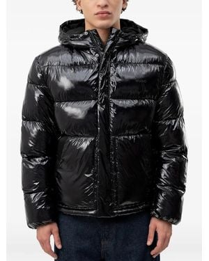 HUGO Glossy-Finish Hooded Puffer Jacket - Black