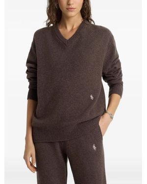 Sporty & Rich V-Neck Embroidered-Logo Jumper - Brown