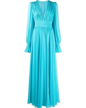 Blanca Vita Plunging V-Neck Pleated Gown - Blue