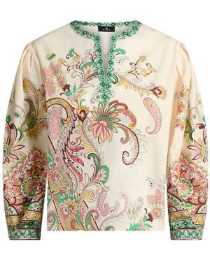 Etro Floral Print V-Neck Poplin Blouse - Natural