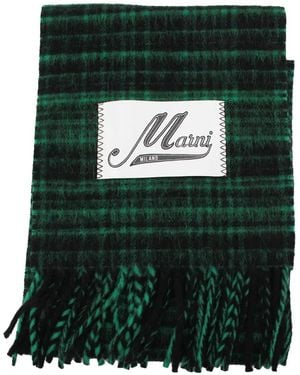 Marni Check-Pattern Fringed Scarf - Green