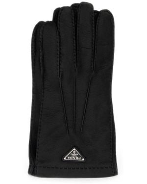 Prada Logo-Plaque Whipstitch-Trim Gloves - Black