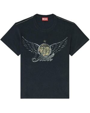 DIESEL Vintage-Style Distressed Graphic Print Silk-Nylon Blend T-Shirt - Blue
