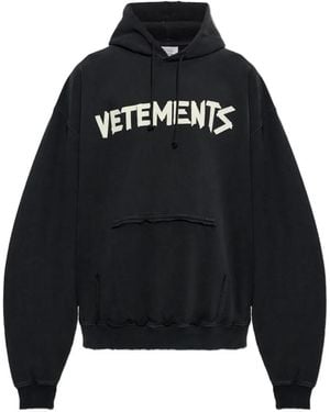 Vetements Logo-Print Distressed Hoodie - Black