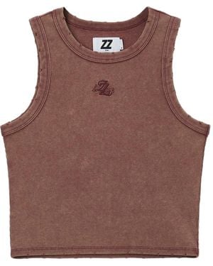 Izzue Distressed Ribbed Top - Brown