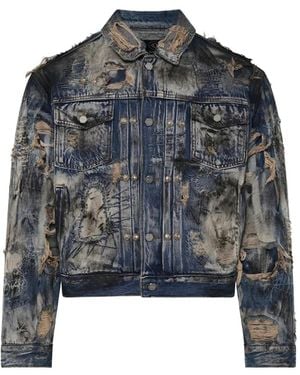 THUG CLUB Hard-Washed Distressed Denim Jacket - Blue