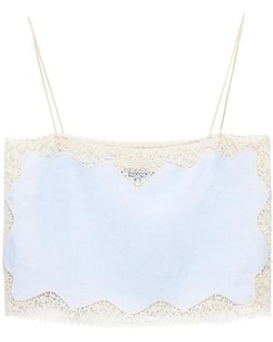 Prada Lace-Trimmed Linen Top - Blue