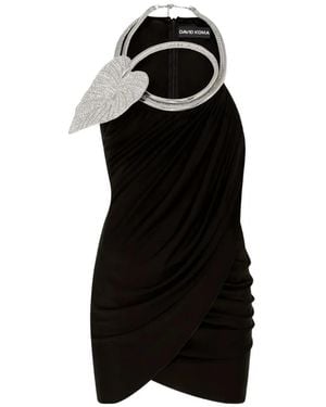 David Koma Leaf-Embellished Draped Mini Dress - Black