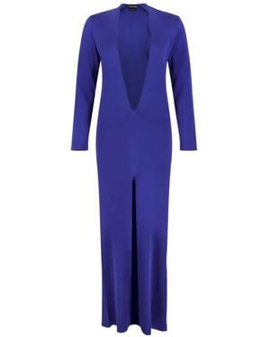 Tom Ford Plunging-Neckline Front-Slit Maxi Dress - Blue