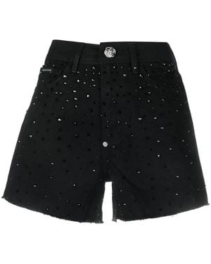 Philipp Plein Crystal-Embellished Denim Shorts - Black