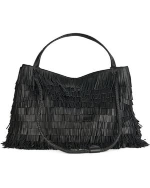 VISONA Fringe-Edges Leather Tote Bag - Black
