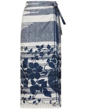 Pierre Louis Mascia Aloe Fringed Floral Wrap Midi Skirt - Blue