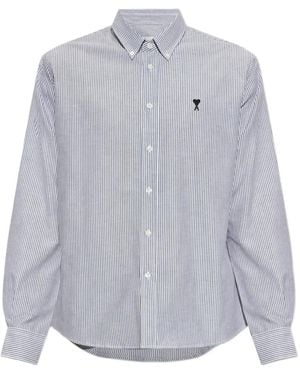 Ami Paris Striped Cotton Shirt With Ami De Coeur - Gray