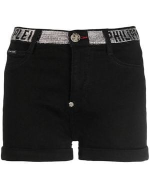 Philipp Plein Logo-Embellished Denim Shorts - Black