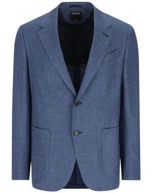 ZEGNA Single-Breasted Linen Blazer - Blue