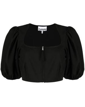 Ganni Cropped Puff-Sleeve Blouse - Black