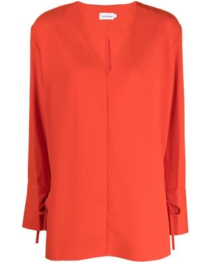 Calvin Klein V-Neck Tied-Cuff Blouse - Red