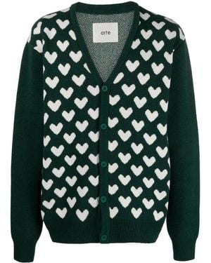 Arte' Heart-Motif V-Neck Cardigan - Green