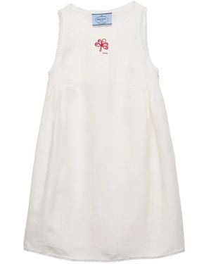 Prada Embroidered Slubbed Canvas Mini-Dress - White
