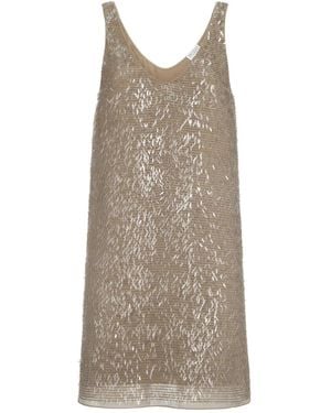 Brunello Cucinelli Embroidery Silk Mini Dress - Brown
