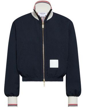 Thom Browne Wool Seersucker Zip Up Track Jacket - Blue