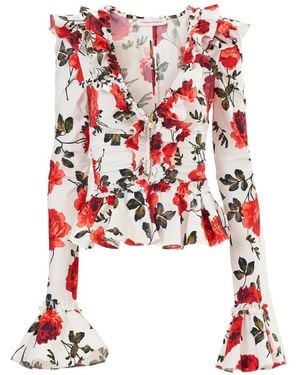 Carolina Herrera Rose-Print Ruched Ruffle Top - Red
