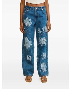 Cult Gaia Floral-Appliqué Frayed Jeans - Blue