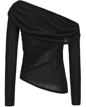 Elwood Shirred Off-Shoulder Long-Sleeved T-Shirt - Black