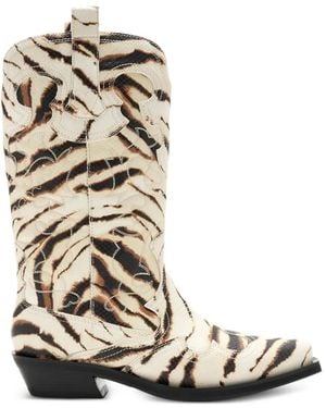 Ganni Mid-Shaft Embroidered Western Boots - White
