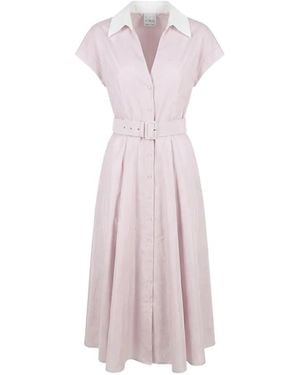 Sara Roka Midi Cheri Front-Buttons Belted Dress - Pink