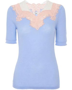 Chloé Lace-Trim Ribbed-Knit Wool Sweater - Blue