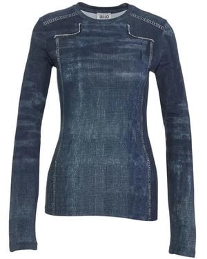 Liu Jo Denim-Print Long-Sleeve T-Shirt - Blue