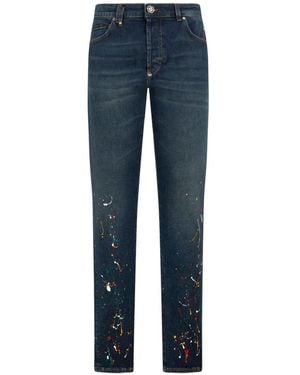 Philipp Plein Straight-Leg Paint-Detail Jeans - Blue