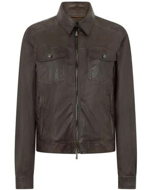 Moorer Shirt Collar Flap Pockets Leather Jacket - Brown