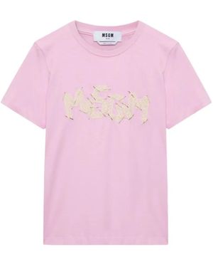 MSGM Beaded Lace-Embroidered T-Shirt - Pink