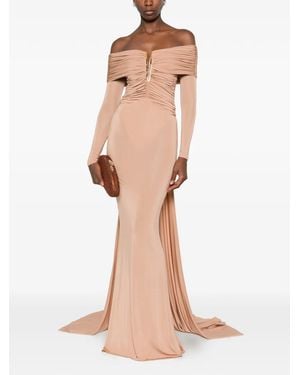 Elisabetta Franchi Ruched Off-Shoulder Maxi Dress - Natural