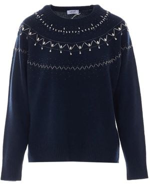 Liu Jo Wool Sweater With Jewel-Embroidery - Blue