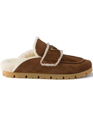 Prada Suede Shearling Mules - Brown
