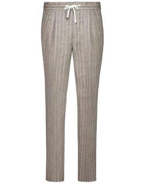 Brunello Cucinelli Stripe Linen Trousers With Drawstring And Double Pleats - Grey