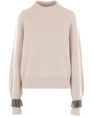 Brunello Cucinelli Ribbed Embellished-Cuff Jumper - White