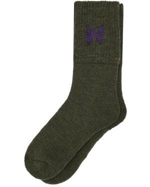 Needles Butterfly-Embroidered Wool Socks - Green