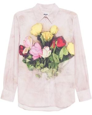 MSGM Rose Bouquet-Print Poplin Shirt - Pink