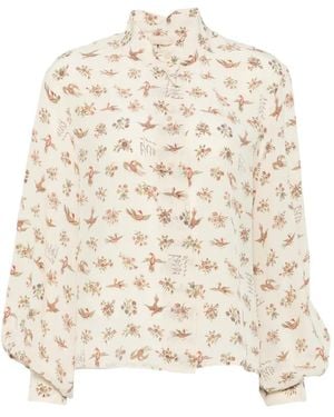 Momoní Bird-Print Puff-Sleeve Shirt - Natural
