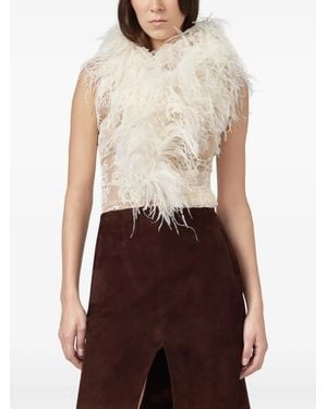 GIUSEPPE DI MORABITO Feather-Trim Lace-Overlay Top - Brown