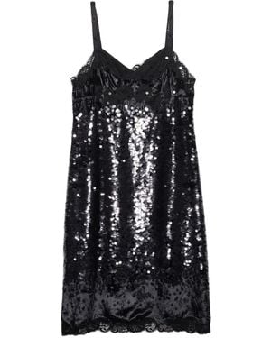 Prada Sequinned Lace-Trim Velvet Midi Dress - Black