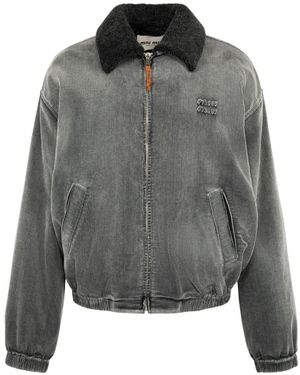 Miu Miu Corduroy Shearling-Collar Jacket - Gray