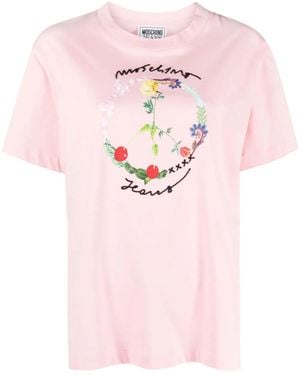 Moschino Logo-Embroidered Cotton T-Shirt - Pink
