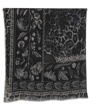 Just Cavalli Leopard-Print Floral-Motif Scarf - Black