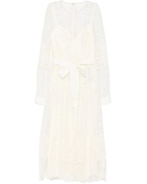 Elie Saab Lace Belted Midi Dress - White